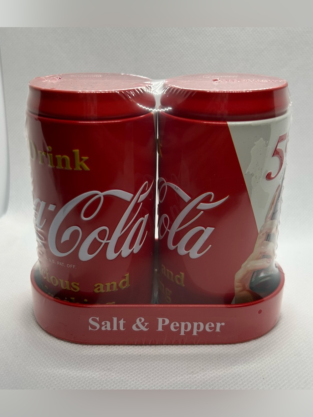 Coca Cola Can Salt and Pepper Shakers Tin Metal With Holder - NEW SEALED NWT